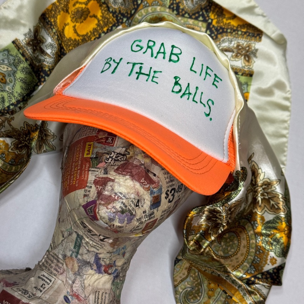 Orange and White Cap with Green "grab life by the balls" and scarf